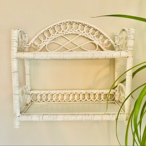 Vintage White Wicker Rattan Wood Display Shelf
